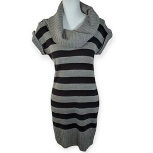 AMBIANCE APPAREL GRAY & BLACK STRIPE COWL-NECK SWEATER DRESS SZ.L EUC.